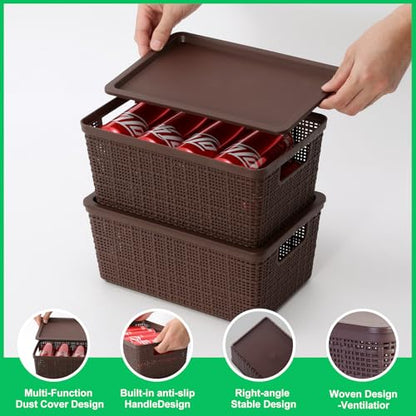 6 Pack Plastic Storage Baskets with Lid,Brown Stackable Bins - color: Brown
