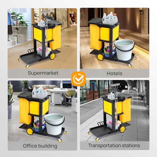 TUFFIOM Janitorial Cart with Key-Locking Cabinet, 3-Shelf Commercial Cleaning Cart, Housekeeping Caddy with Locker,Wheeled with Yellow Vinyl Bag, Black, Great for Hotel, Stores, Schools, and Business - color: Black