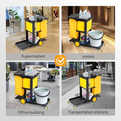TUFFIOM Janitorial Cart with Key-Locking Cabinet, 3-Shelf Commercial Cleaning Cart, Housekeeping Caddy with Locker,Wheeled with Yellow Vinyl Bag, Black, Great for Hotel, Stores, Schools, and Business - color: Black