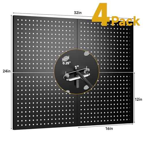 Peg Board, 4-pcs 16" x 12" Metal Pegboard Panels with 70 Hooks, Tool Organizer for Garage, Craft Room, Black