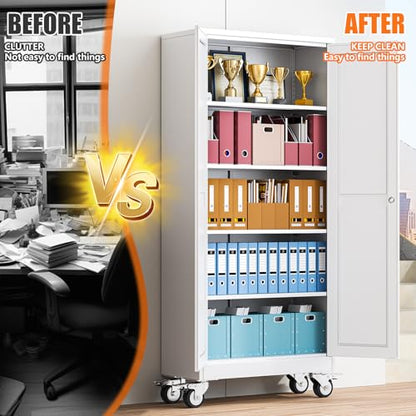 pozdeg 71" White Lockable Rolling Metal Garage Storage Cabinet - color: White, size: 14.96"D x 29.92"W x 71"H