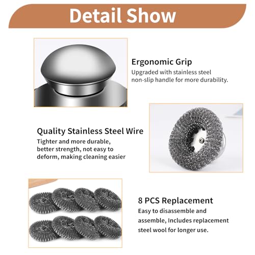 9Pcs Steel Wool Scrubber with Replacement Wire Sponge Pads Set, Stainless Steel Scrubber with Handle for Scouring Messes from Cast Iron, Frying pan, Pots, Pans, Grill, Stoves, Sink(1 Scrubber+8 Pads) - size: 1 Handle+8 Pads