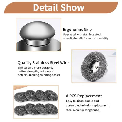 9Pcs Steel Wool Scrubber with Replacement Wire Sponge Pads Set, Stainless Steel Scrubber with Handle for Scouring Messes from Cast Iron, Frying pan, Pots, Pans, Grill, Stoves, Sink(1 Scrubber+8 Pads) - size: 1 Handle+8 Pads