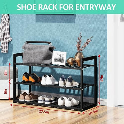 Jripae 3 Tier Bamboo Shoe Rack for Entryway Closet Bedroom Garage-27.5inch - color: Black, size: 3 tier 27.5*10.5*17inch
