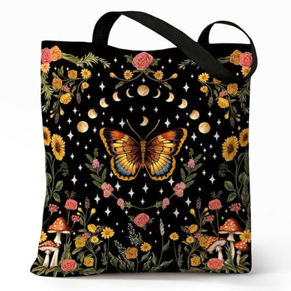 Cute Canvas Tote Bag for Women, Book Totebag with Zipper Pocket - color: Butterfly Moon Floral