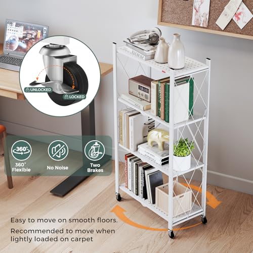 DEANIC 4 Tier Foldable Storage Shelves with Wheels, Large Capacity Shelving Unit, Freestanding Metal Wire Shelf Rack, No Assembly Organizer Rack for Garage Kitchen, Basement, Pantry(White) - color: White