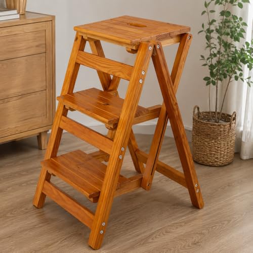 3-Step Wooden Folding Step Stool – Solid Pine Frame, Non-Slip Steps, Anti-Scratch Base, 337lb Capacity – No Assembly Required, Space-Saving for Kitchen & Home – Walnut (Light Brown) - color: Light Brown
