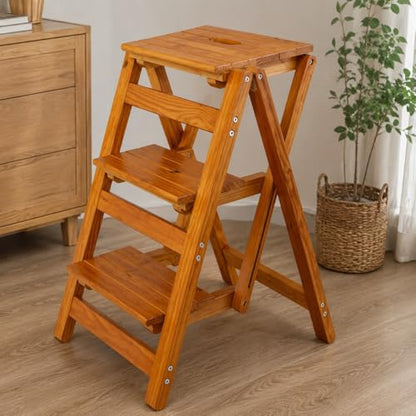 3-Step Wooden Folding Step Stool – Solid Pine Frame, Non-Slip Steps, Anti-Scratch Base, 337lb Capacity – No Assembly Required, Space-Saving for Kitchen & Home – Walnut (Light Brown) - color: Light Brown
