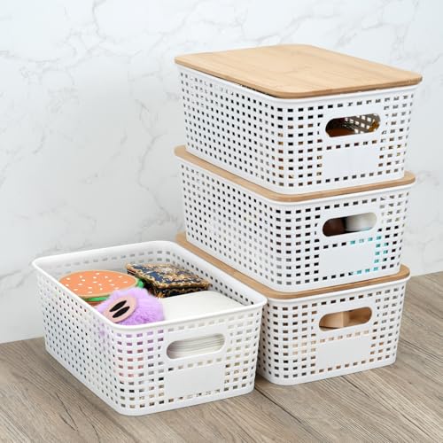 Stackable Storage Bins with Bamboo Lids, 6-Pack, BPA-Free Plastic, 5.1 Qt Capacity, Side Handle, 10x7.2x4.13 Inch, for Home Organization
