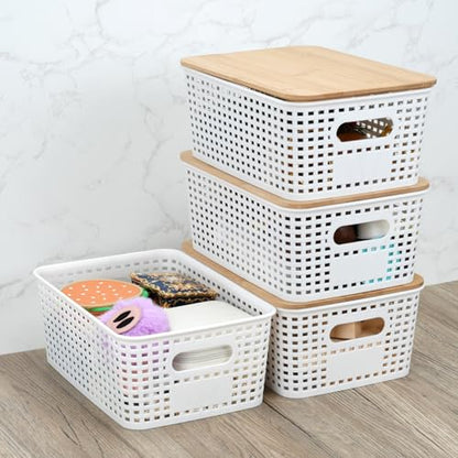 Stackable Storage Bins with Bamboo Lids, 6-Pack, BPA-Free Plastic, 5.1 Qt Capacity, Side Handle, 10x7.2x4.13 Inch, for Home Organization
