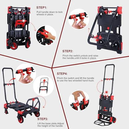 2 in 1 Folding Hand Truck Dolly with Basket,330LB Hand Cart Foldable - color: A-red