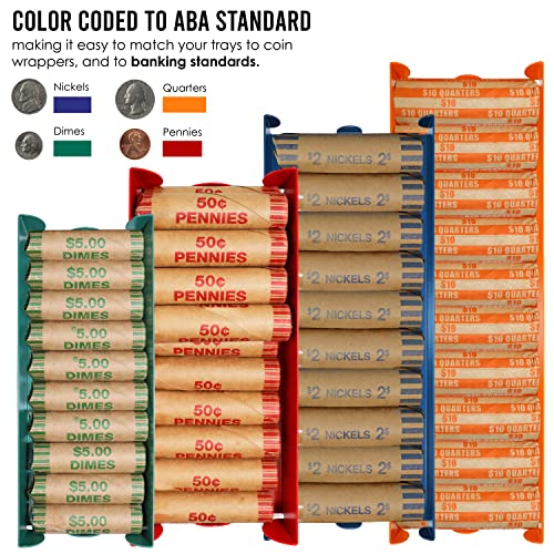 Nadex 4 Pack Aluminium Quarter Coin Tray - Stackable Single Compartment Coin Sorting and Storage Tray - Holds 1600 Quarters - 40 Coin Rolls