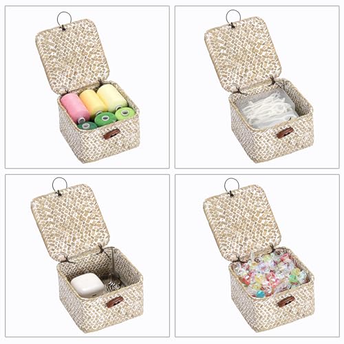 Hipiwe Handwoen Seagrass Basket with Lid Mini Woven Wicker Box,3.5"x3.5"x2" - color: Whitewash color, size: 3.5" x 3.5" x 2"