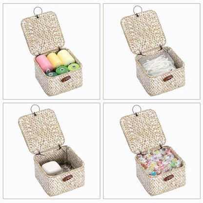 Hipiwe Handwoen Seagrass Basket with Lid Mini Woven Wicker Box,3.5"x3.5"x2" - color: Whitewash color, size: 3.5" x 3.5" x 2"