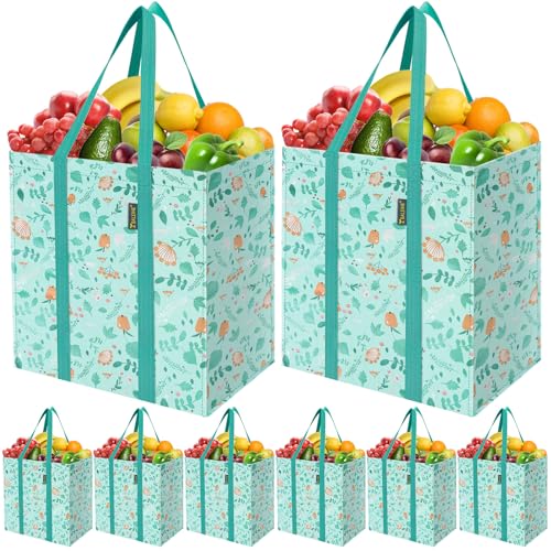 BALEINE 8 PK Grocery Bags Reusable Shopping Bags with Reinforced Bottom, Heavy Duty Foldable Tote Bags (Spring Stroll) - color: Spring Stroll, size: 8 PK
