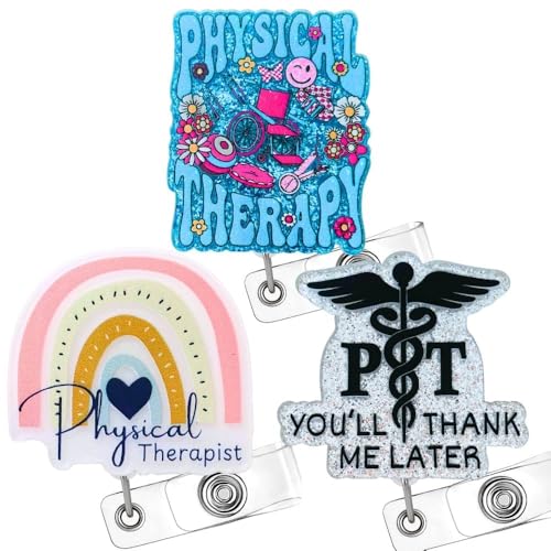 3PC Physical Therapist Badge Reels Physio Therapeutic Occupational Therapy Name Holder Retractable ID Clip Essentials for PT Student Assistant Rehab Aide Accessories Appreciation Gifts for Coworkers - style: Physical Therapist