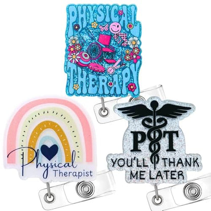 3PC Physical Therapist Badge Reels Physio Therapeutic Occupational Therapy Name Holder Retractable ID Clip Essentials for PT Student Assistant Rehab Aide Accessories Appreciation Gifts for Coworkers - style: Physical Therapist