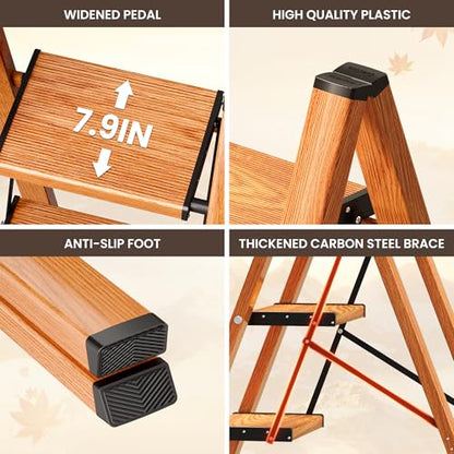 3 Step Ladder, Foldable Aluminum Step Stool with Anti-Slip Pedal - color: Woodgrain, size: 3 Step