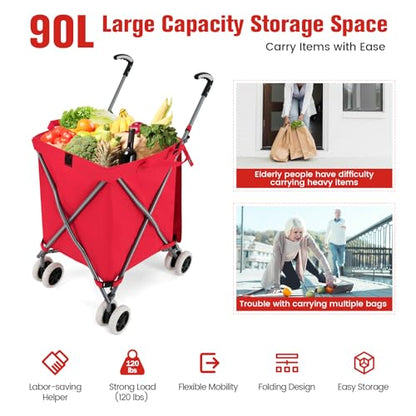 GOFLAME Folding Shopping Cart on Wheels, Waterproof Grocery Cart with Removable Cover and 360° Swiveling Wheels, Collapsible Utility Cart for Groceries and Laundry, 120LBS Load Capacity, Red - color: Red