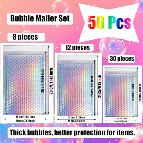 50 PCS Metallic Bubble Mailers,Poly Padded Envelopes,3 Sizes - color: Rainbow Color, 3 Size