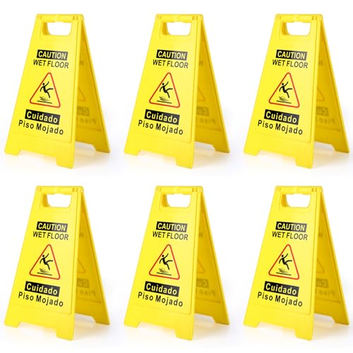 WOUSEDO 6-Pack Caution Wet Floor Sign,17.5" Height,Bright Yellow Double-Sided Folding A-Shaped Frame Design, Bilingual Caution Message - color: 6PACK Yellow