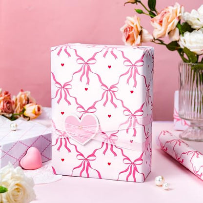 Yarcony Pink Wrapping Paper Roll, Cute Coquette Bows Gift Wrap, Reversible Pink Bow & Quilted Diamond Design Girly Wrapping Paper for Birthday, Baby Shower Valentine's Day, Christmas (17 In X 33 Ft) - color: Pink Bow, size: 17 Inch X 33 Feet