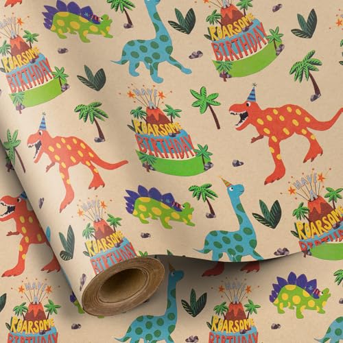RUSPEPA Dinosaur Wrapping Paper Birthday Boy, Mini Roll, Kraft Wrapping Paper with Dinosaur and Cakes Pattern Designs, Gift Wrap for Kids, Birthday, Party and Holiday, 17 in x 16.4 ft - color: Dinosaur and Cake, size: 17 in x 16.4 ft