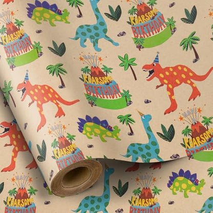 RUSPEPA Dinosaur Wrapping Paper Birthday Boy, Mini Roll, Kraft Wrapping Paper with Dinosaur and Cakes Pattern Designs, Gift Wrap for Kids, Birthday, Party and Holiday, 17 in x 16.4 ft - color: Dinosaur and Cake, size: 17 in x 16.4 ft