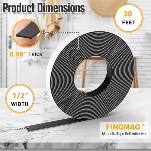 FINDMAG Magnetic Tape, Magnetic Strips with Adhesive Backing, 1 Roll 30 Feet Magnet Tape Perfect for Craft and DIY Projects, Whiteboards & Fridge (0.08" Thick 1/2" Wide)
