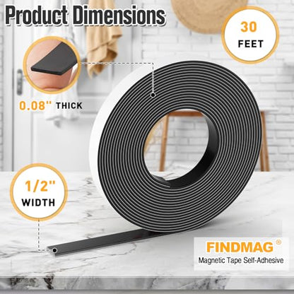 FINDMAG Magnetic Tape, Magnetic Strips with Adhesive Backing, 1 Roll 30 Feet Magnet Tape Perfect for Craft and DIY Projects, Whiteboards & Fridge (0.08" Thick 1/2" Wide)