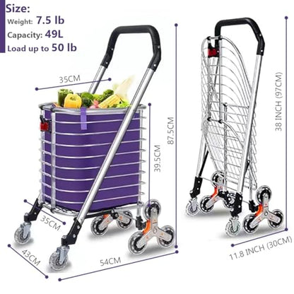 Foldable Stairs Climbing Shopping Cart with Waterproof Basket Liner，Aluminium Alloy Lightweight Collapsible Grocery Dolly Cart，Portable Rolling Utility Trolley，49L