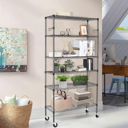 BolDuck 6 Tier Storage Shelves with Wheels, 2100lbs Capacity Heavy Duty Shelving Units, 14x36x75inch Adjustable Metal Shelf Wire Shelving Rack for Garage, Kitchen, Office, Black - size: 6 Tier Shelf