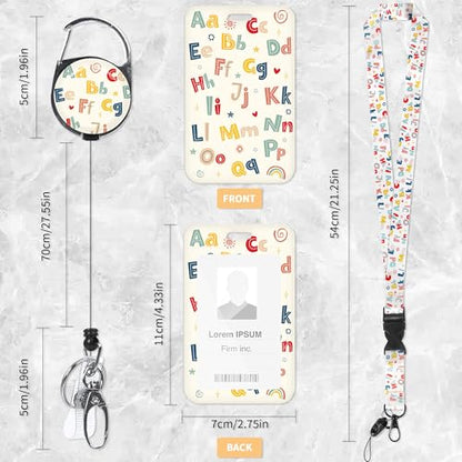 Teacher Lanyard with ID Holder, Colorful Alphabet Badge Holder with Retractable Reel Clip and Breakaway Lanyard, Gifts for Teachers - color: Colorful Alphabet-056