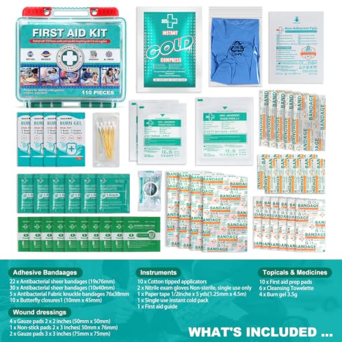 General Medi 110 Pieces Small First Aid Kit - HardCase First Aid Box - Contains Premium Medical Supplies for Travel, Home, Office, Vehicle, Camping, Workplace & Outdoor - size: 110 Pieces