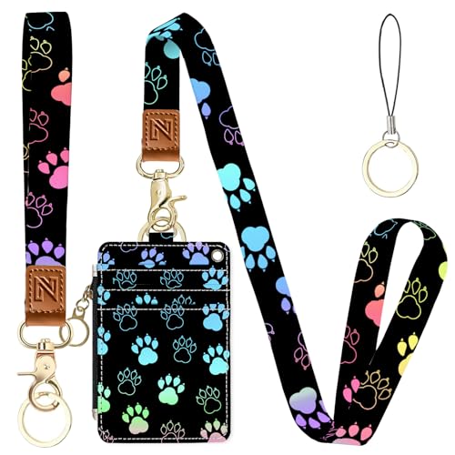 2-in-1 ID Badge Holder & Lanyard Wallet，Cute Zippered Pouch Dog Paw - color: Dog Paw