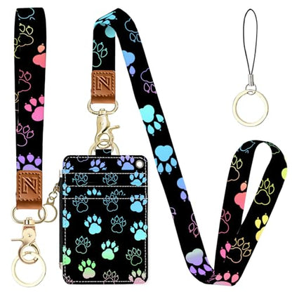 2-in-1 ID Badge Holder & Lanyard Wallet，Cute Zippered Pouch Dog Paw - color: Dog Paw