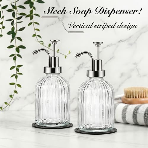 SheeChung 12oz Clear Glass Liquid Soap Dispenser,Silver Pump,Striped,2 Pack - color: Clear, Silver Pump, 2pcs