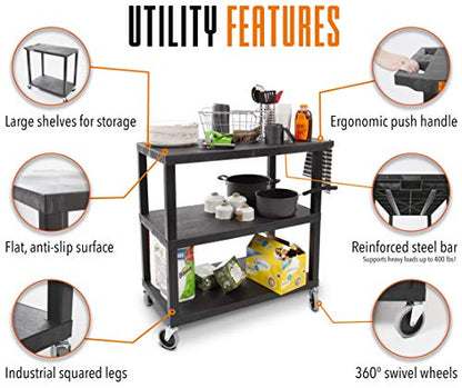 Stand Steady Tubstr 3 Flat Top Shelf Utility Cart Supports Up to 300 lbs - Heavy-Duty Plastic Service Push Cart with Three Flat Shelves, for Offices, Warehouse Storage, Garage Tools (Black, 35 x 18)