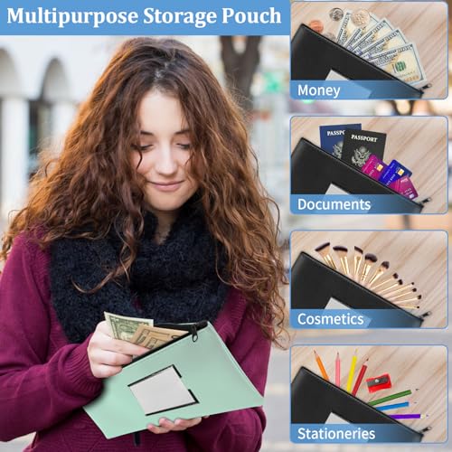 2 Pack PU Leather Bank Money Bags with Zipper & Label, Black & Aqua Blue - color: Black & Aqua Blue