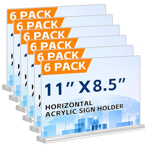 Acrylic Sign Holder 11 x 8.5 , 6 Pack Clear Menu Stand, Double-Sided Clear Sign Holder, Vertical Plastic Stands for Display, Stand up Table Top Frame Paper Holder for Office Business Store Restaurants