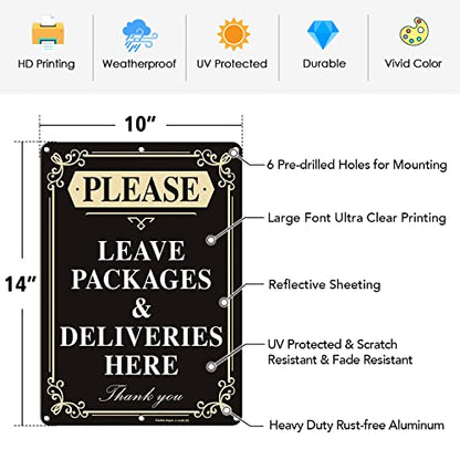 Faittoo Please Leave Packages and Deliveries Here Sign, 14 x 10 Inch Reflective Aluminum Sign, UV Protected and Weatherproof, Durable Ink, Easy to Install and Read, Indoor/Outdoors Use - color: Black - 14 x 10 inch Aluminum - 1 Pack