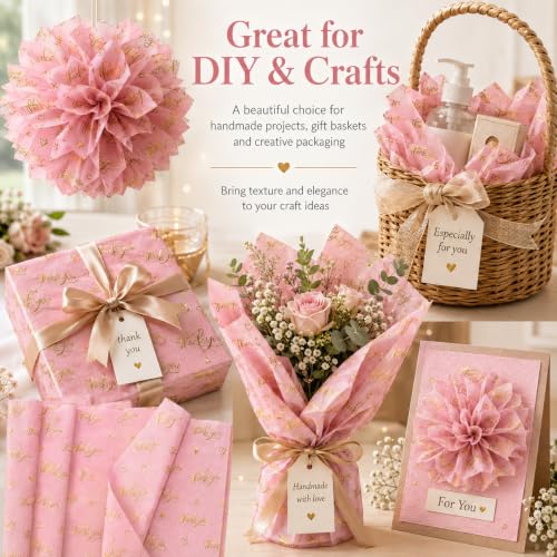 ROVIBIOBIO Thank You Pink Tissue Paper, 100 Sheets, 20 x 14 Inch - color: Gold Pink