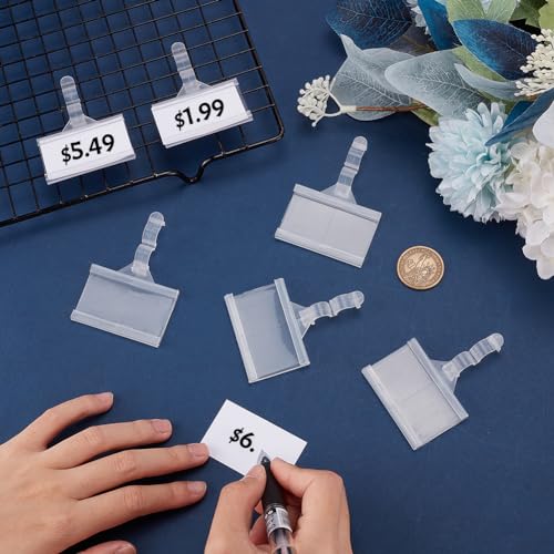 BENECREAT 64 Pack Plastic Wire Shelf Label Holder Reusable Sign Ticket Holder 1.2" X 2" Clip-On Sign Label Holder with Snap Lock Closure, 64 Label Cards Included
