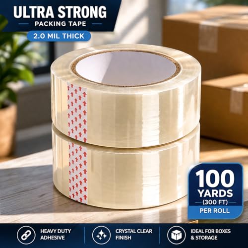 Ultra Strong Packing Tape 2.0 Mil – Clear Moving & Shipping Tape,100 Yards (300 ft) per Roll, 200 Total Yards, Heavy Duty Adhesive, 2 Rolls Pack for Boxes & Storage