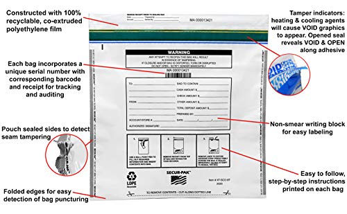Secur-Pak Deposit Bags - Pack of 100 - Bill Capacity - color: White, size: 20x20 (8000 cap)