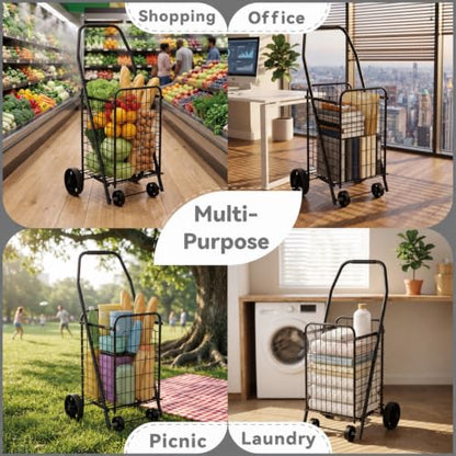 Foldable Shopping Cart with Wheels, Metal Rolling Utility Crate