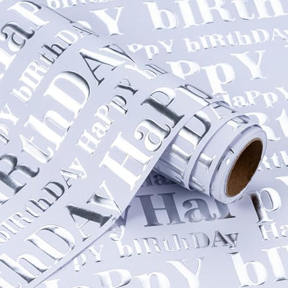 WRAPAHOLIC 3D Kraft Birthday Wrapping Paper Roll - Mini Roll - 17 Inch x 16.5 Feet - Silver and White Happy Birthday Lettering Design with Embossed Perfect for Holiday, Party Celebration - color: White & Silver Happy Birthday, size: 17 inch x 16.5 feet