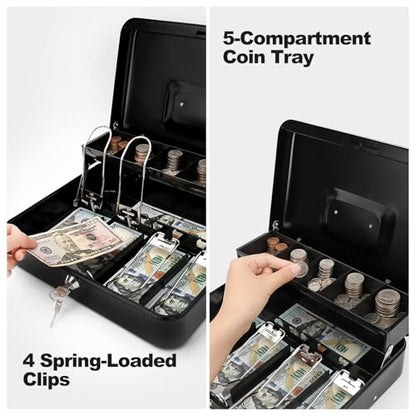 Cash Box with Key Lock & Foam Auto-Pop Coin Tray – Secure Steel Money Box with 4 Upgraded Finger-Safe Bill Clips, Premium Smooth Scratch-Resistant Coating, 11.8"L x 9.5"W x 3.5"H, KL Black - color: KL Black