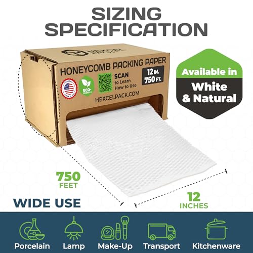 HexcelPack HexcelWrap Mini Honeycomb Packing Paper - White, 12" x 750' - color: White HoneyComb, size: 12" x 750 Feet - Roll with Dispenser Box