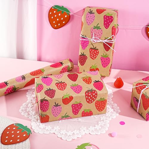 WRAPAHOLIC Kraft Strawberry Wrapping Paper Roll - Mini Roll - 17 Inch x 16.5 Feet - Sweet Strawberry Fruits Wrapping Paper for Summer, Birthday, Wedding, Bridal Shower - color: Kraft - Strawberry, size: 17 inch x 16.5 feet